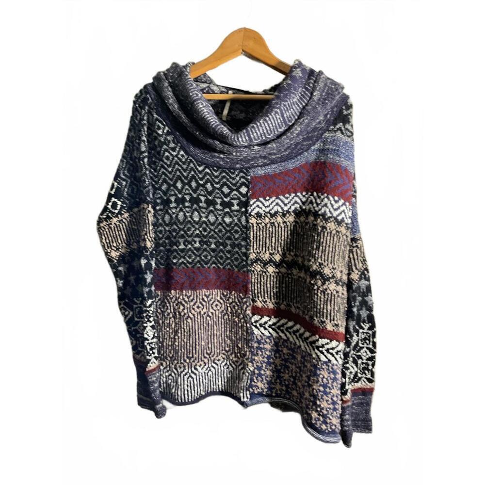 Free People Multi-Patterned Wool/Alpaca/Mohair Sweater with Cowl Neck Medium